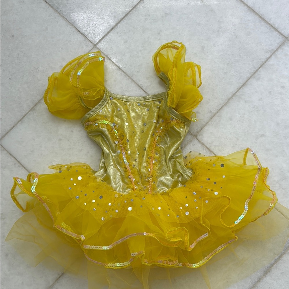 Popatu Yellow and Gold Dance Costume with Ruffled Tutu, MC,LC